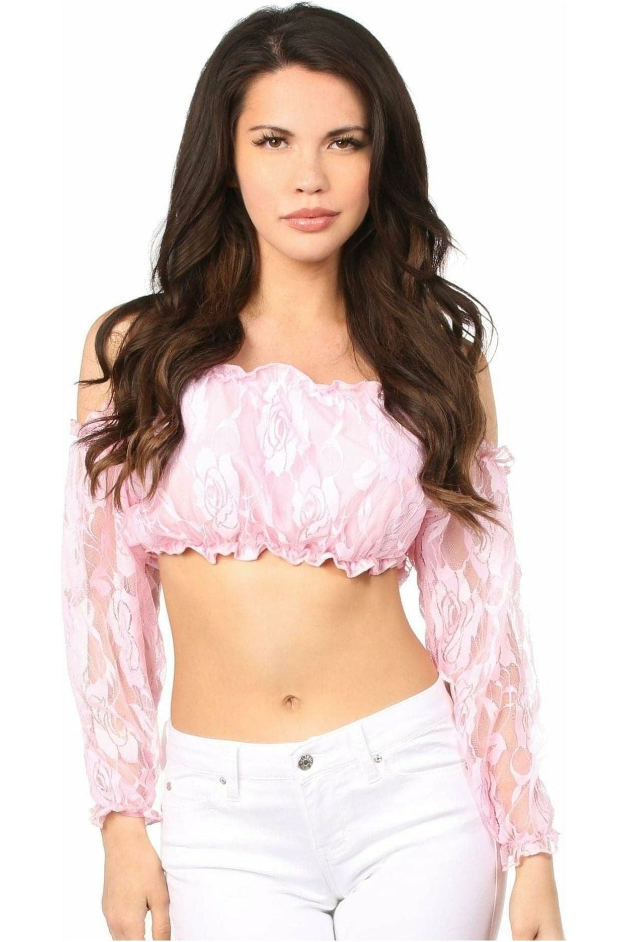 Baby Pink Lined Lace Long Sleeve Peasant Top