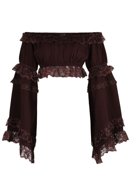 Brown Smocked Flare Sleeve Peasant Top