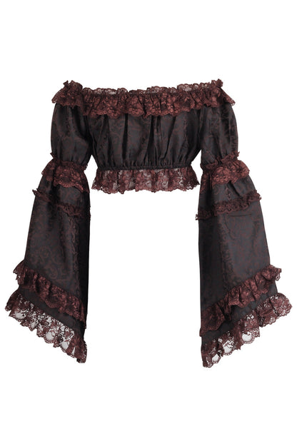 Brown Brocade Smocked Flare Sleeve Peasant Top