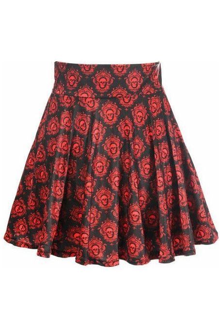 Black & Red Skulls Stretch Lycra Skirt