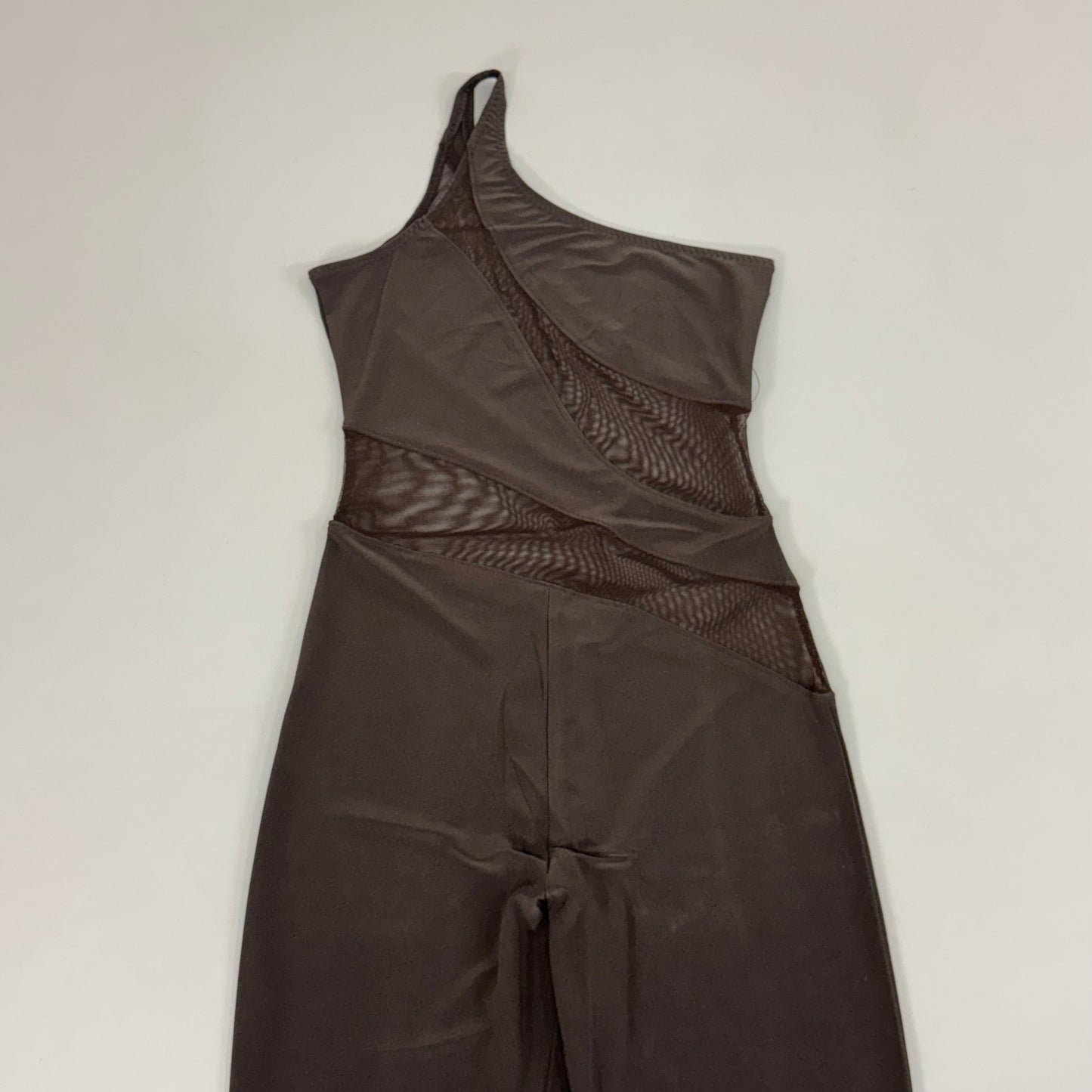 NORMA KAMALI One Shoulder Snake Mesh Catsuit Footsie Women's Sz XS/34 Chocolate