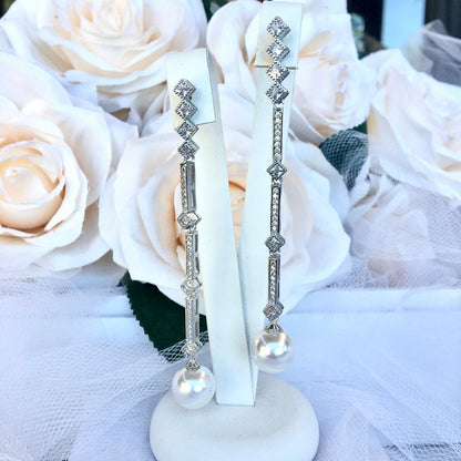 Irina - Art Deco Pearl and CZ Bridal Earrings