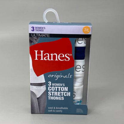 HANES 3 PACK!! Originals Women's Breathable Cotton Stretch Thongs Underwear Sz 7/L Navy/White/Floral 45U0BT