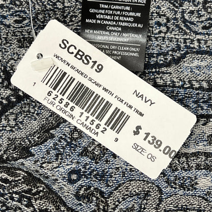 MITCHIES Beaded 90% Wool 10% Silk Scarf w/ Fox Fur Trim Womens SZ 0S Navy SCBS19