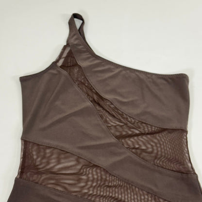 NORMA KAMALI One Shoulder Snake Mesh Catsuit Footsie Women's Sz L/40 Chocolate