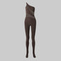 NORMA KAMALI One Shoulder Snake Mesh Catsuit Footsie Women's Sz M/38 Chocolate