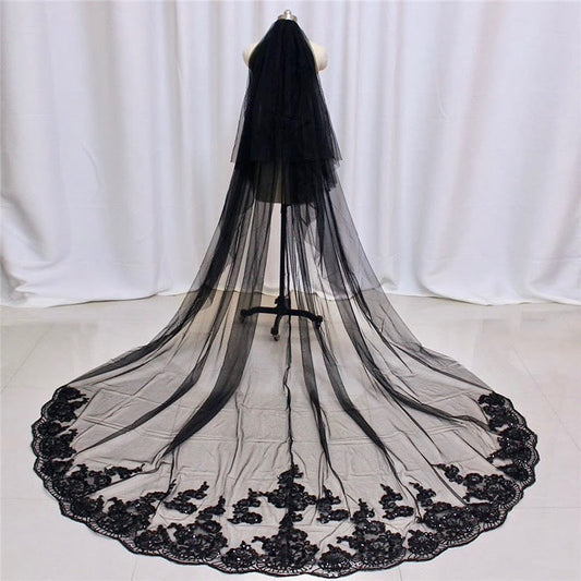 "Elvira" - Black Lace Edge Cathedral Bridal Veil