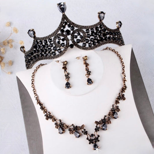Keeley - Victorian Gothic Black Bridal 3-Piece Jewelry Set With Tiara