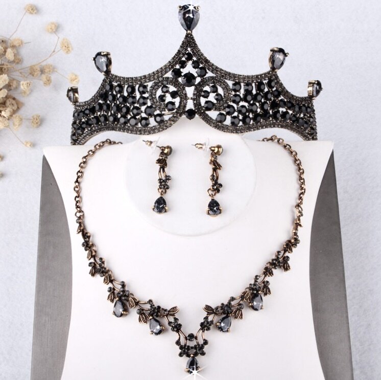 Keeley - Victorian Gothic Black Bridal 3-Piece Jewelry Set With Tiara