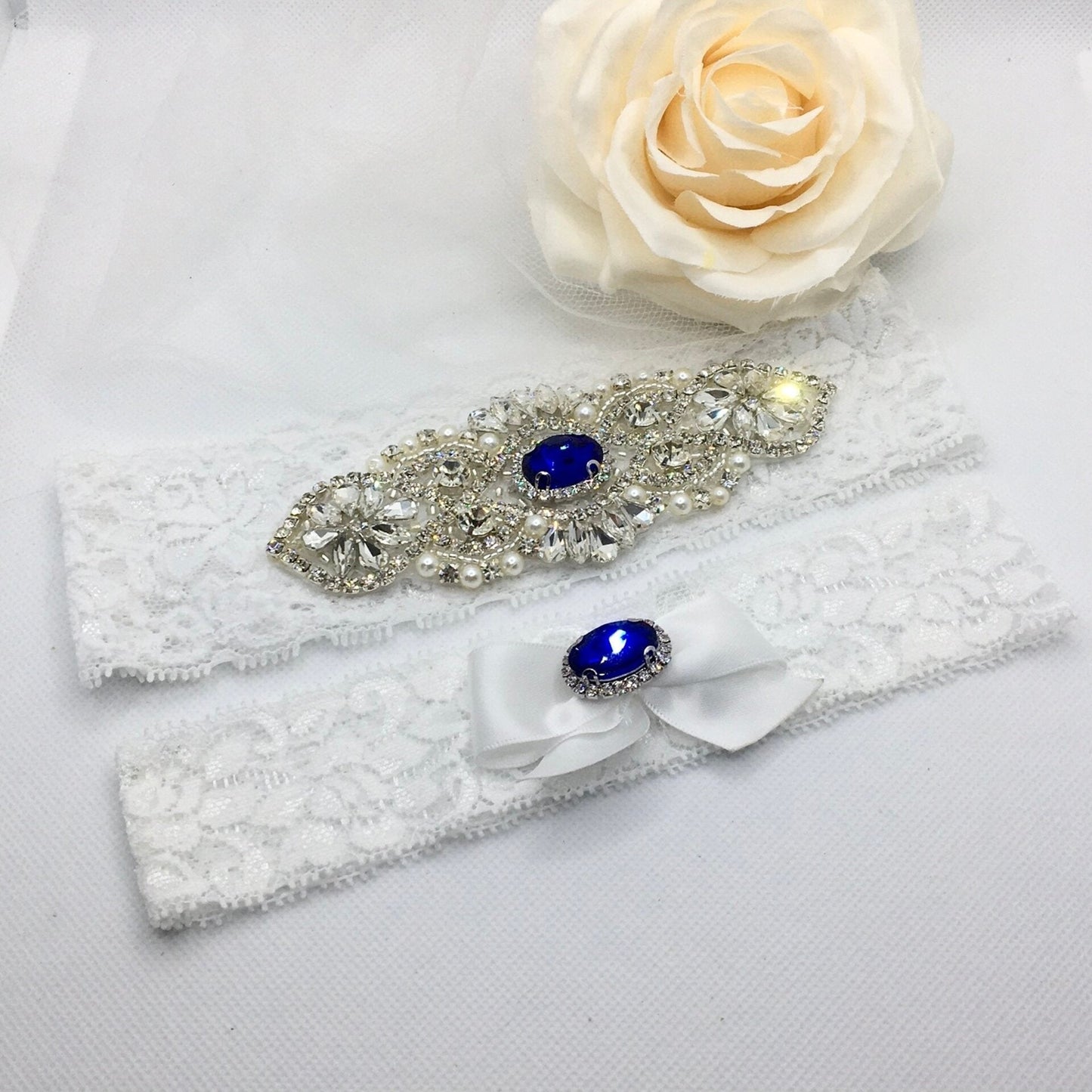 "Cassie" - Blue Crystal Bridal Garter Set