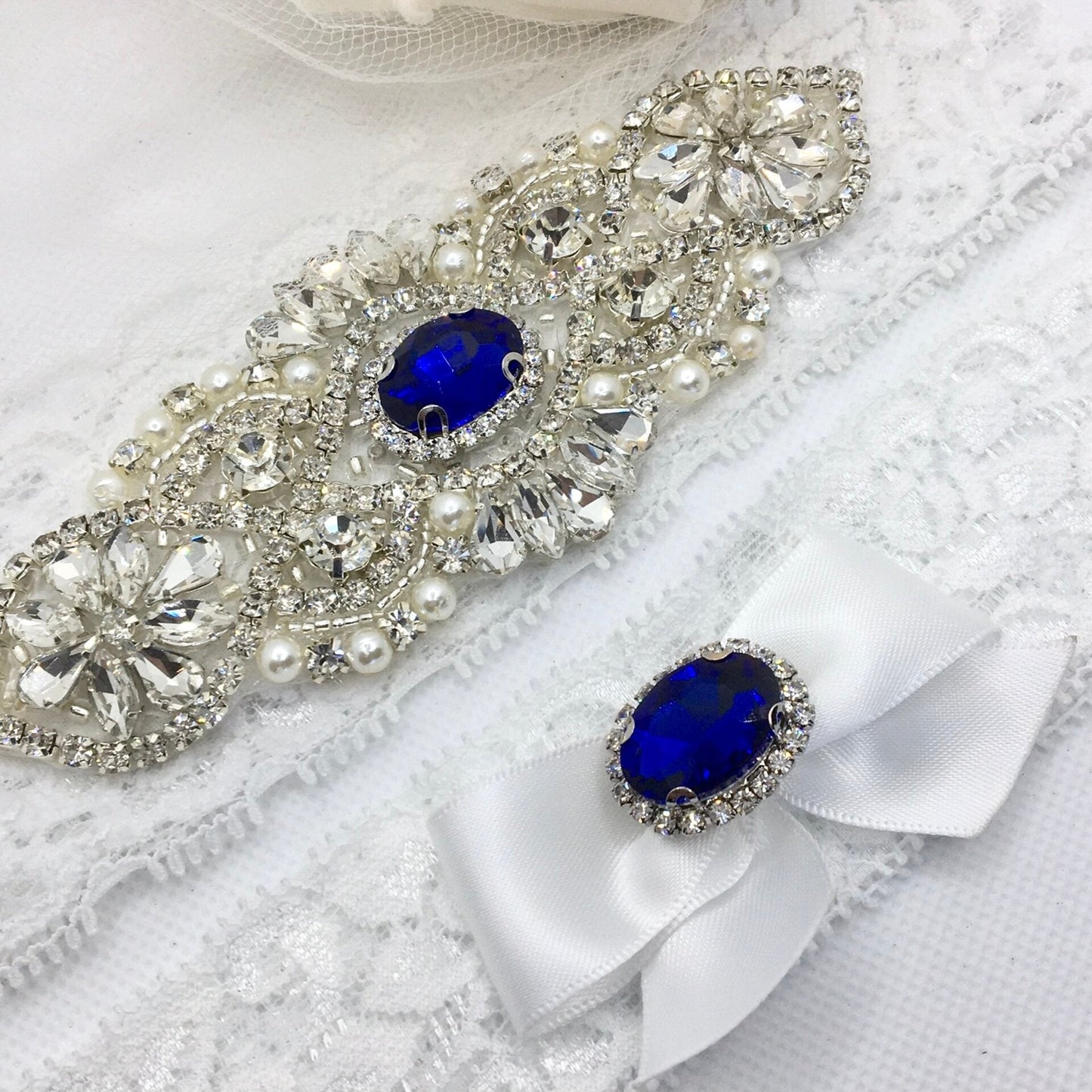 "Cassie" - Blue Crystal Bridal Garter Set