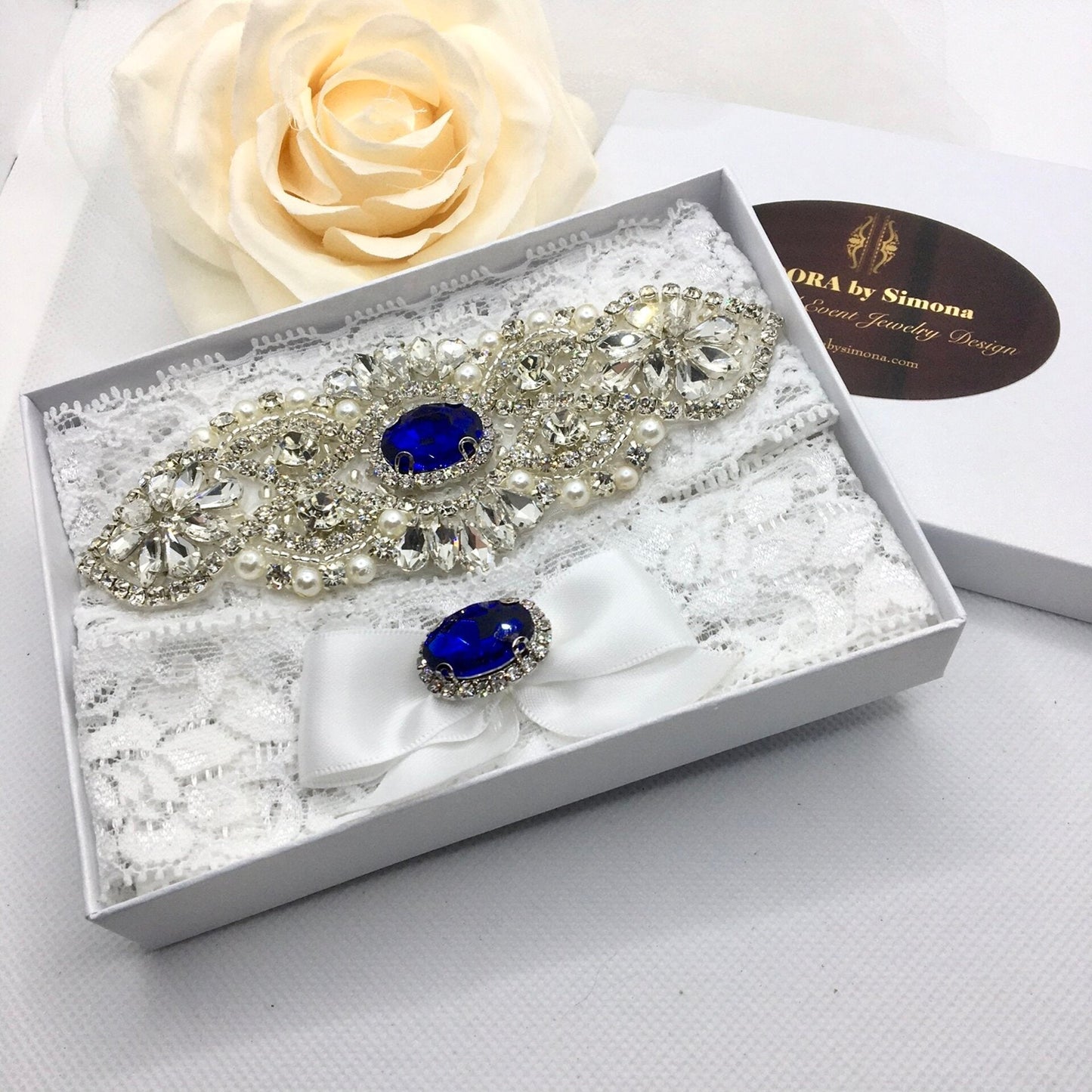 "Cassie" - Blue Crystal Bridal Garter Set