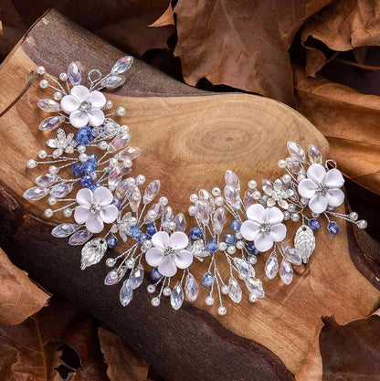 "Odette" - Blue Ceramic Flowers Bridal Headband / Hair Vine