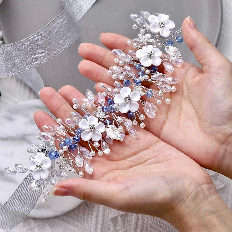 "Odette" - Blue Ceramic Flowers Bridal Headband / Hair Vine