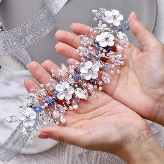 "Odette" - Blue Ceramic Flowers Bridal Headband / Hair Vine