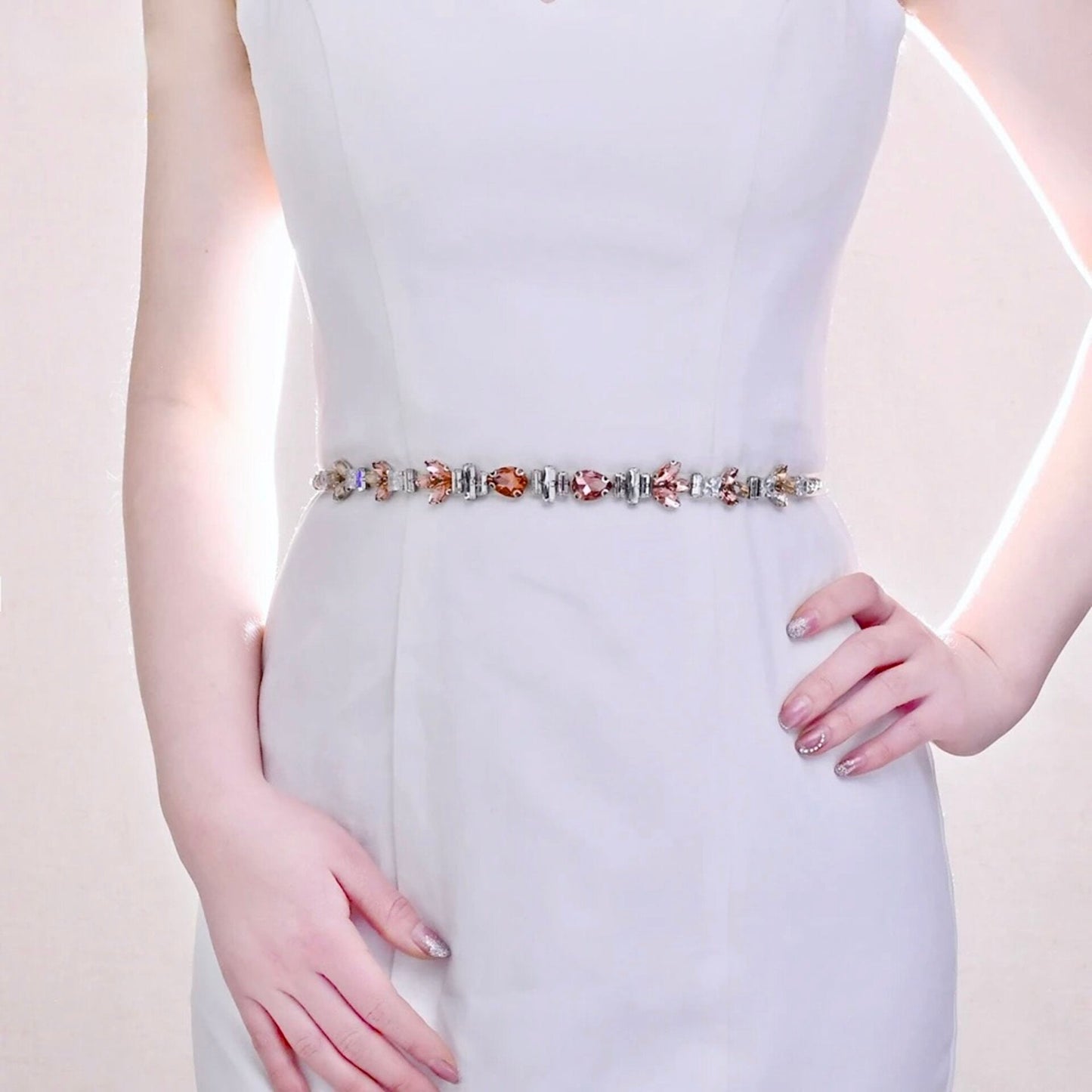 Meira - Peach Crystal Bridal Belt/Sash