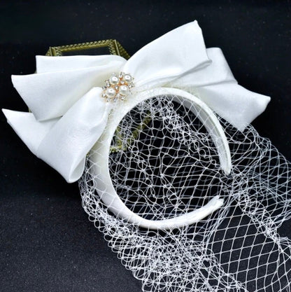 Starly - Bridal Birdcage Veil with Satin Headband and Bow