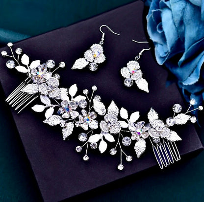 Bloom - Silver Crystal Bridal Headdress and Earrings Set