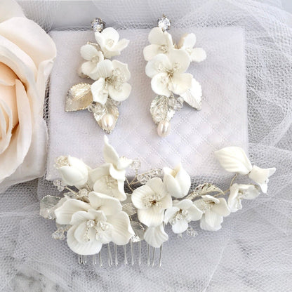McKenna - Ceramic Flowers Bridal Hair Comb and Earrings Set - Available in Gold and Silver