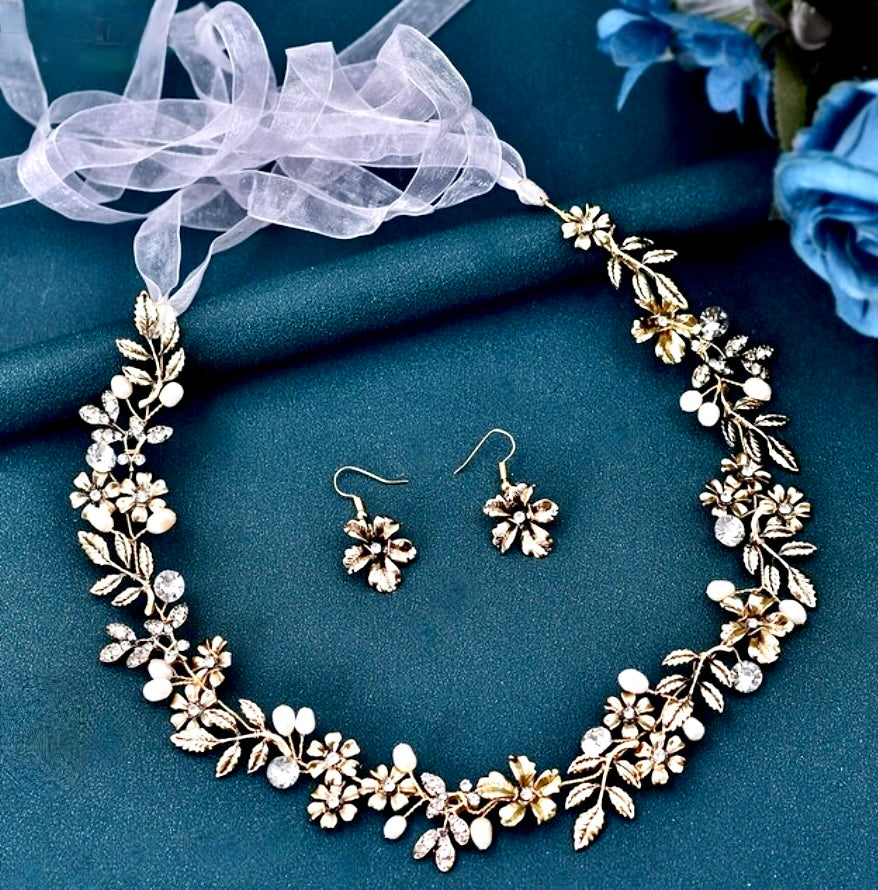Avalon - Vintage Gold Bridal Headband and Earrings Set