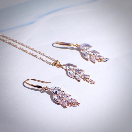 Leaves - Cubic Zirconia Bridal Jewelry Set - Available in Silver, Rose Gold and Yellow Gold