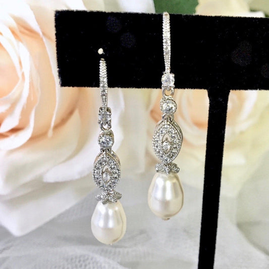 Payton - Swarovski Pearl and Cubic Zirconia Bridal Earrings