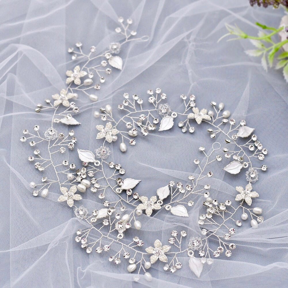 "Lucinda" - Pearl and Crystal Bridal Long Hair Vine - Available in Silver, Rose Gold and Yellow Gold