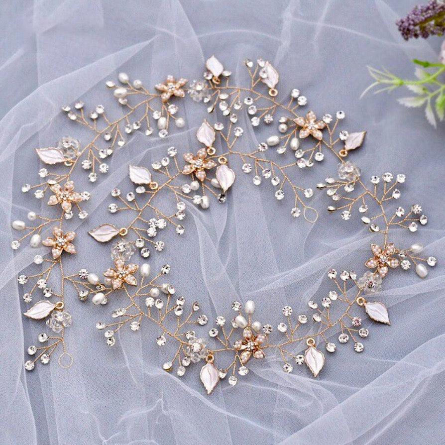 "Lucinda" - Pearl and Crystal Bridal Long Hair Vine - Available in Silver, Rose Gold and Yellow Gold