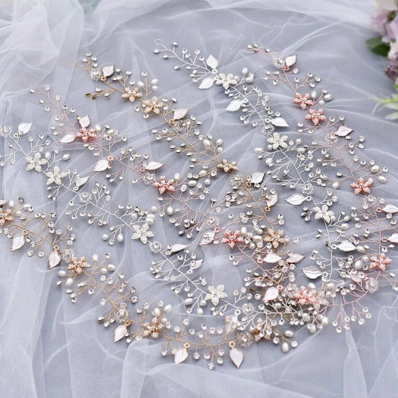 "Lucinda" - Pearl and Crystal Bridal Long Hair Vine - Available in Silver, Rose Gold and Yellow Gold