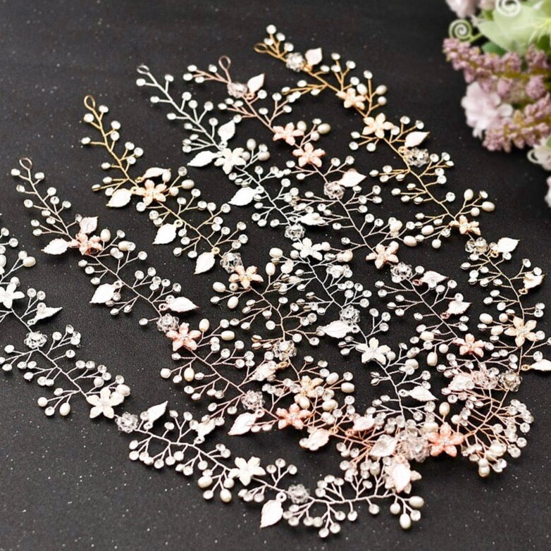 "Lucinda" - Pearl and Crystal Bridal Long Hair Vine - Available in Silver, Rose Gold and Yellow Gold