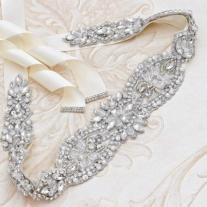 Darcy - Silver Crystal and Pearl Bridal Belt/Sash