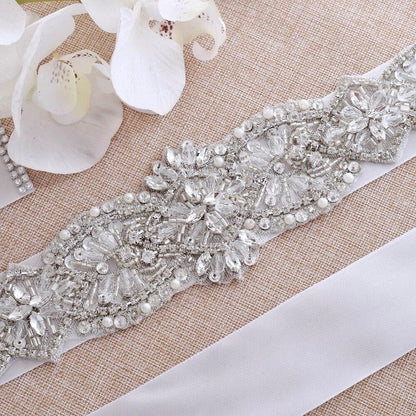 Darcy - Silver Crystal and Pearl Bridal Belt/Sash