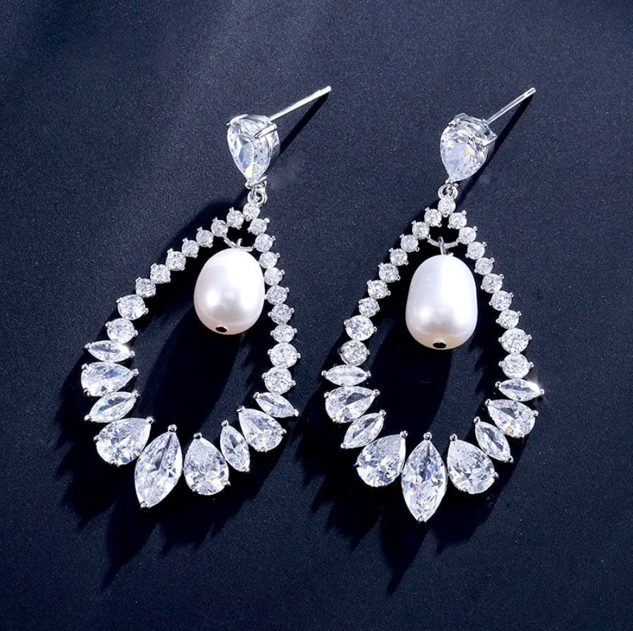 Kaitlynn - Pearl and Cubic Zirconia Bridal Earrings - Available in Silver and Rose Gold