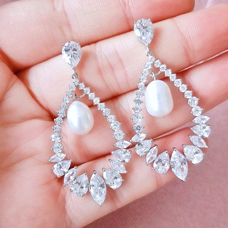 Kaitlynn - Pearl and Cubic Zirconia Bridal Earrings - Available in Silver and Rose Gold