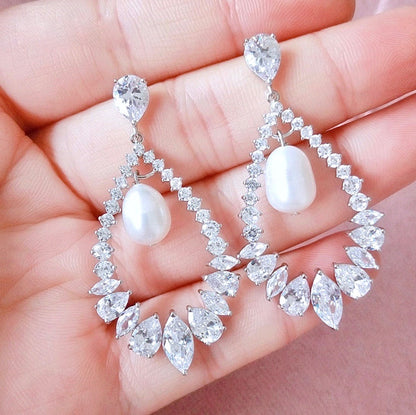 Kaitlynn - Pearl and Cubic Zirconia Bridal Earrings - Available in Silver and Rose Gold