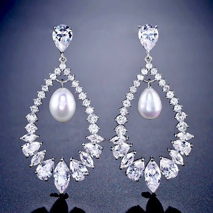 Kaitlynn - Pearl and Cubic Zirconia Bridal Earrings - Available in Silver and Rose Gold