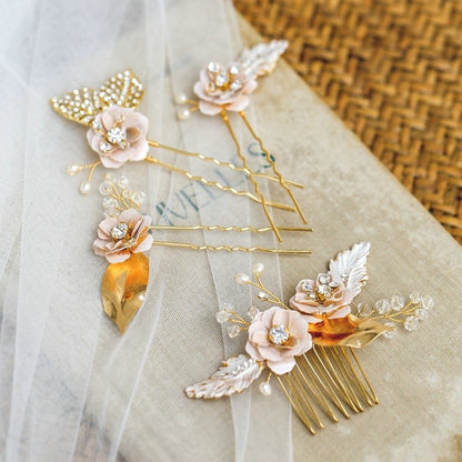 Genevieve - Bohemian Gold Bridal Headband, Hair Comb and Hair Pins Set