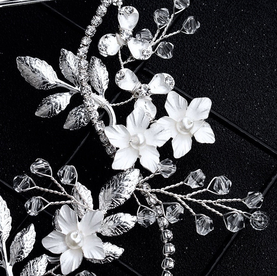 "Gianna" - Silver Pearl and Crystal Bridal Hair Vine