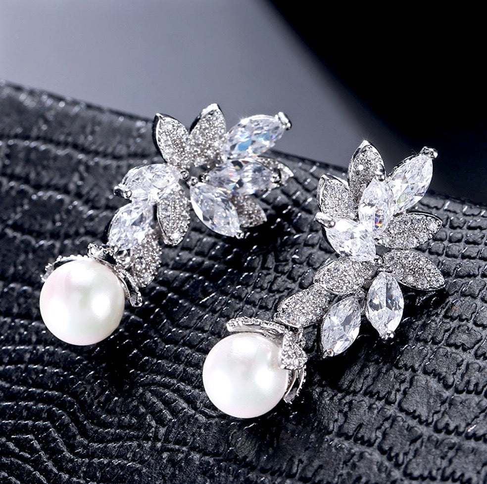 Ida - Pearl and Cubic Zirconia Bridal Earrings - More Colors