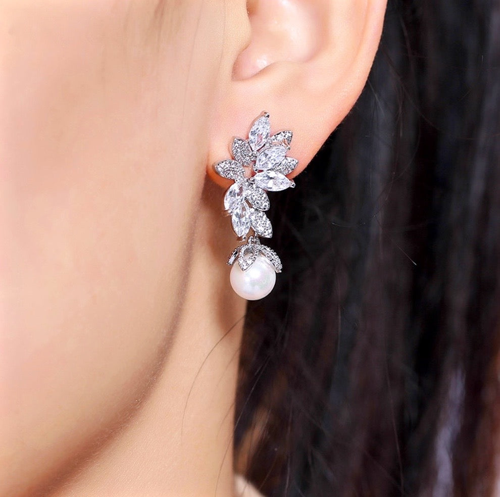 Ida - Pearl and Cubic Zirconia Bridal Earrings - More Colors