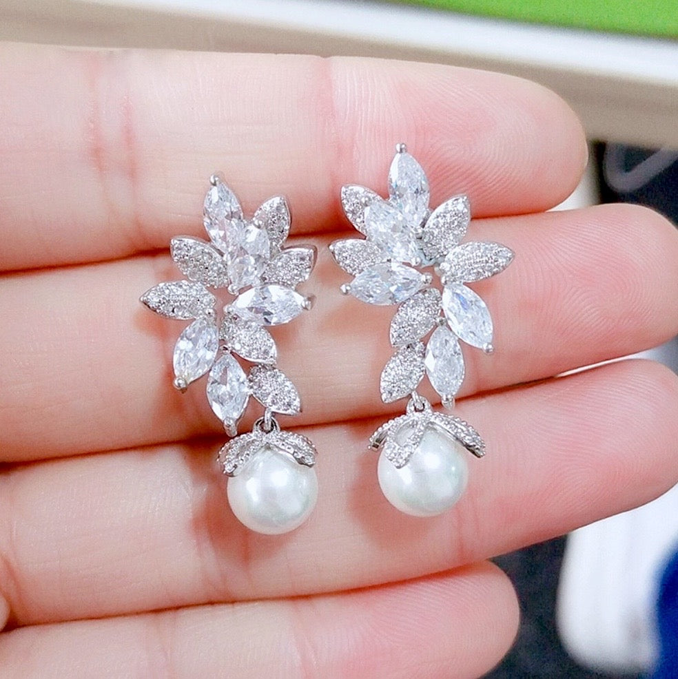 Ida - Pearl and Cubic Zirconia Bridal Earrings - More Colors
