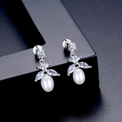 Kim - Pearl and Cubic Zirconia Bridal Earrings
