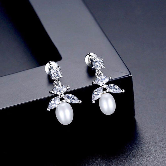 Kim - Pearl and Cubic Zirconia Bridal Earrings