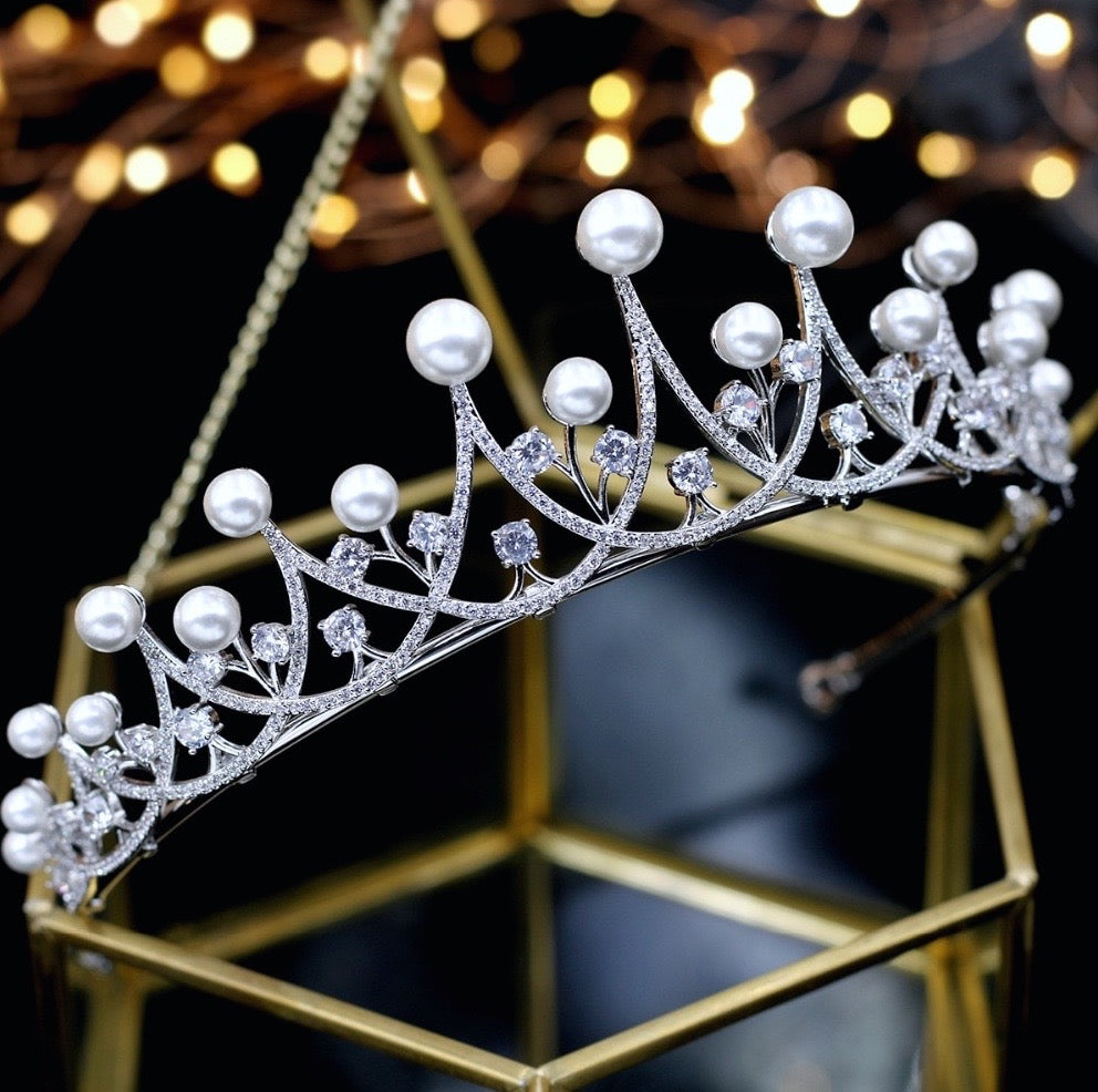 Irene - Silver Pearl and Cubic Zirconia Bridal Tiara