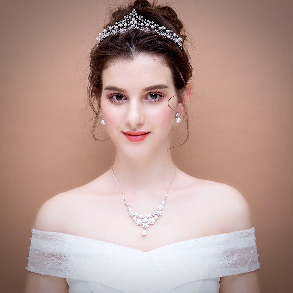 Louise - Silver Pearl and Cubic Zirconia Bridal Tiara