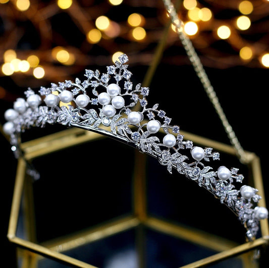 Louise - Silver Pearl and Cubic Zirconia Bridal Tiara