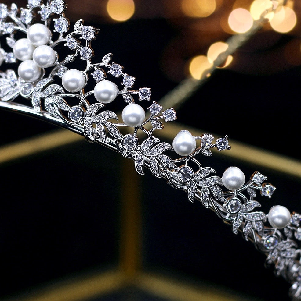 Louise - Silver Pearl and Cubic Zirconia Bridal Tiara