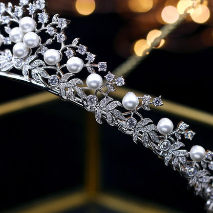 Louise - Silver Pearl and Cubic Zirconia Bridal Tiara