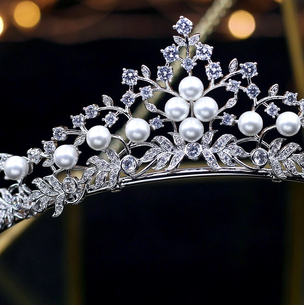 Louise - Silver Pearl and Cubic Zirconia Bridal Tiara