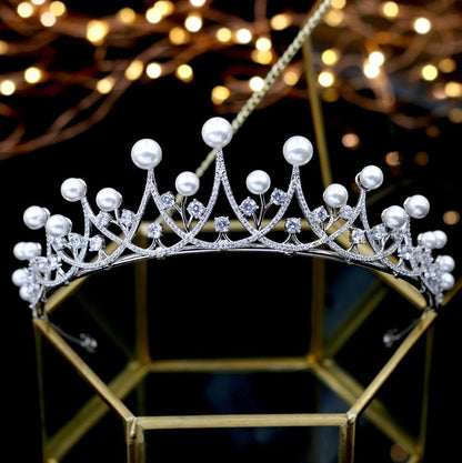 Irene - Silver Pearl and Cubic Zirconia Bridal Tiara